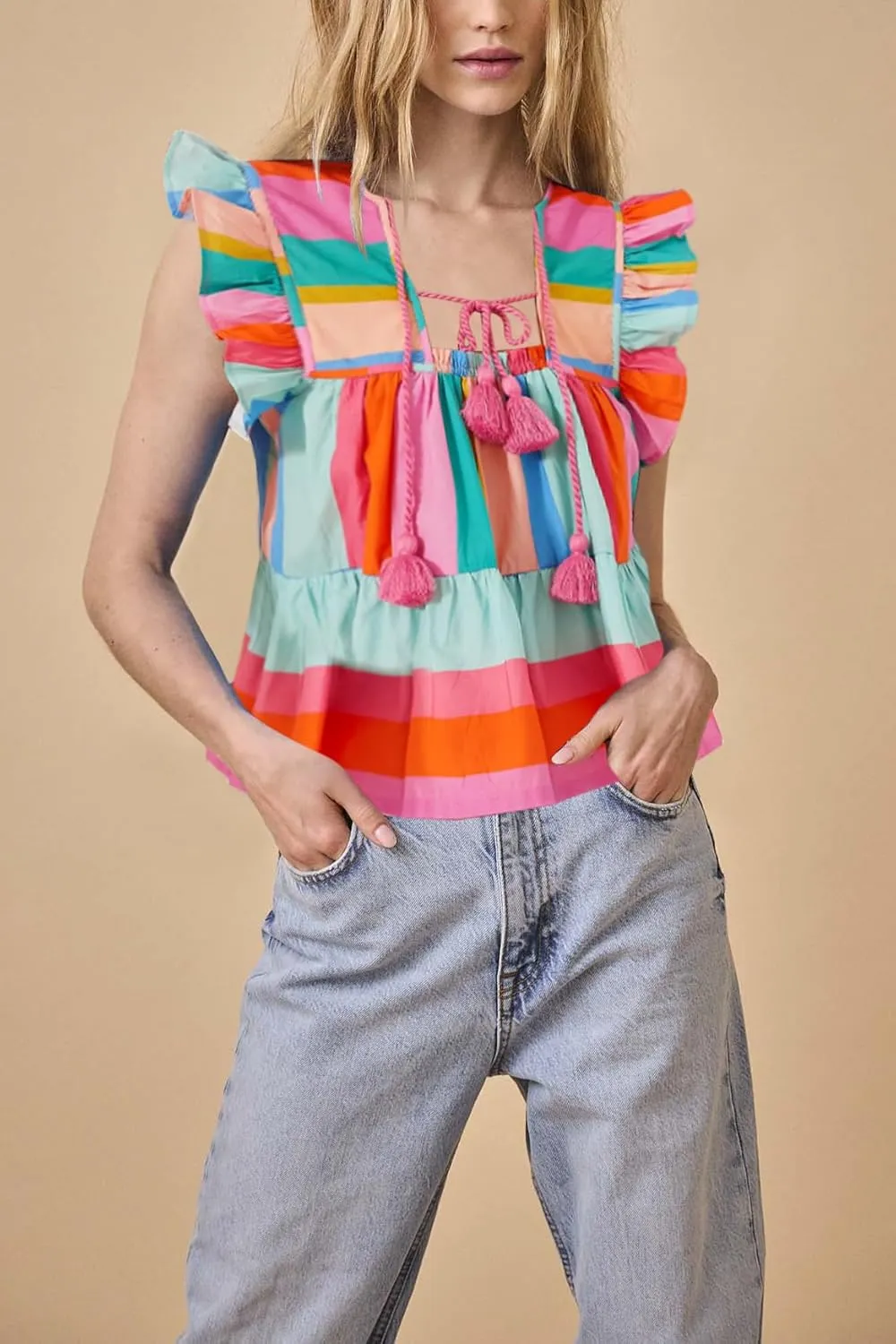 Women Boho Tie Front Peplum Top Floral Print Flowy Fringe Shirt Square Neck Ruffle Tank Top Going Out Blouse Tops