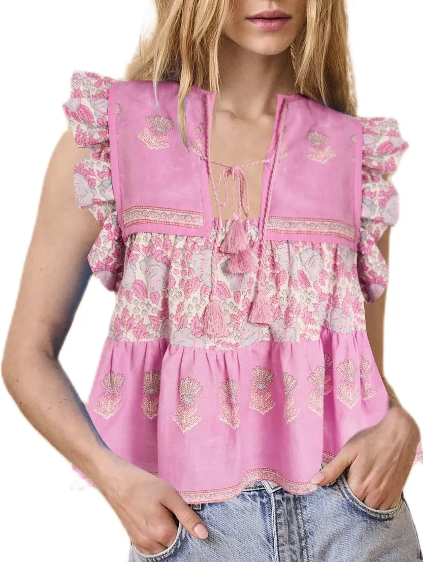 Women Boho Tie Front Peplum Top Floral Print Flowy Fringe Shirt Square Neck Ruffle Tank Top Going Out Blouse Tops