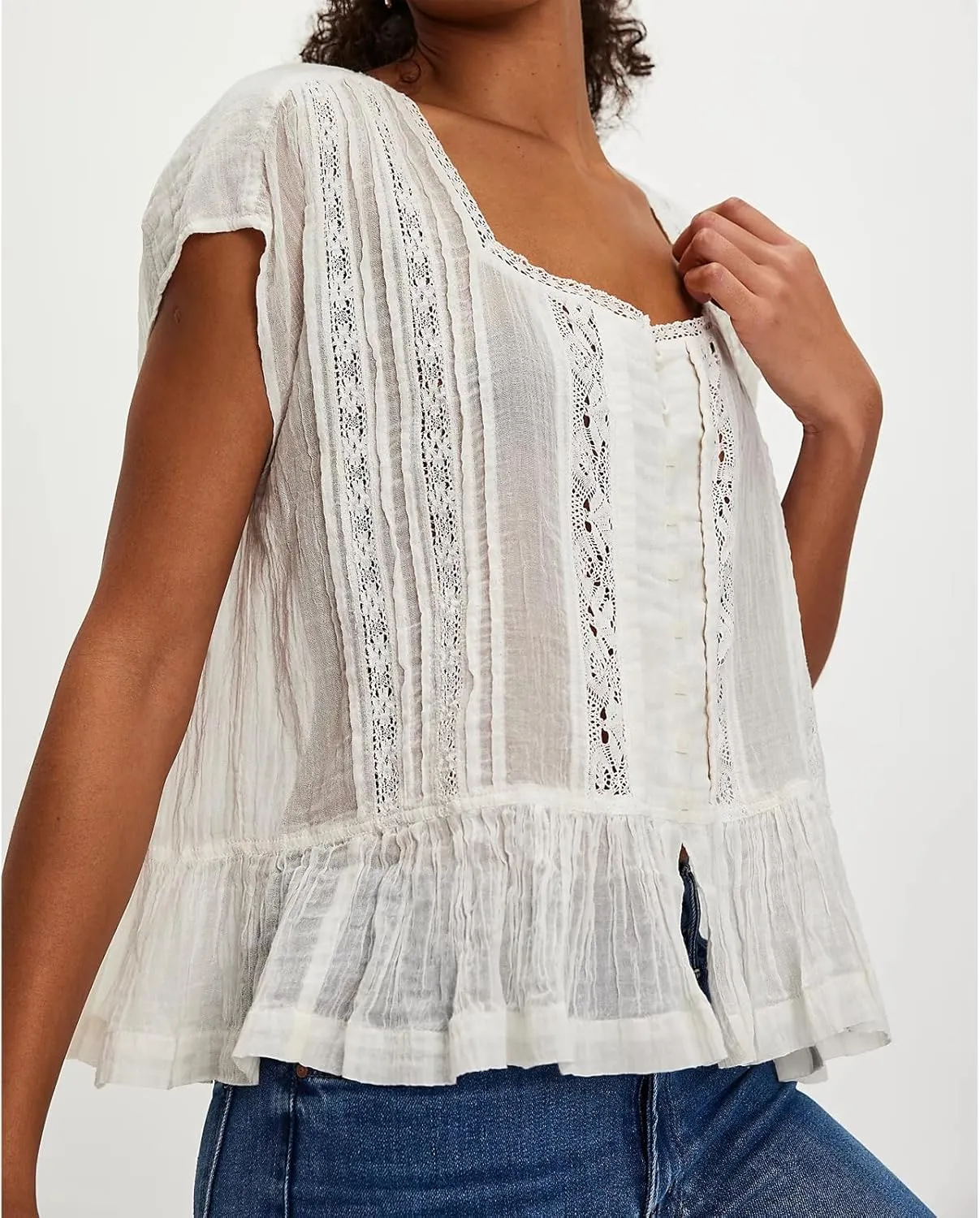 Women Lace Ruffle Trim Blouse Button Down Cap Short Sleeve Peplum Tops Peasant Boho Shirt