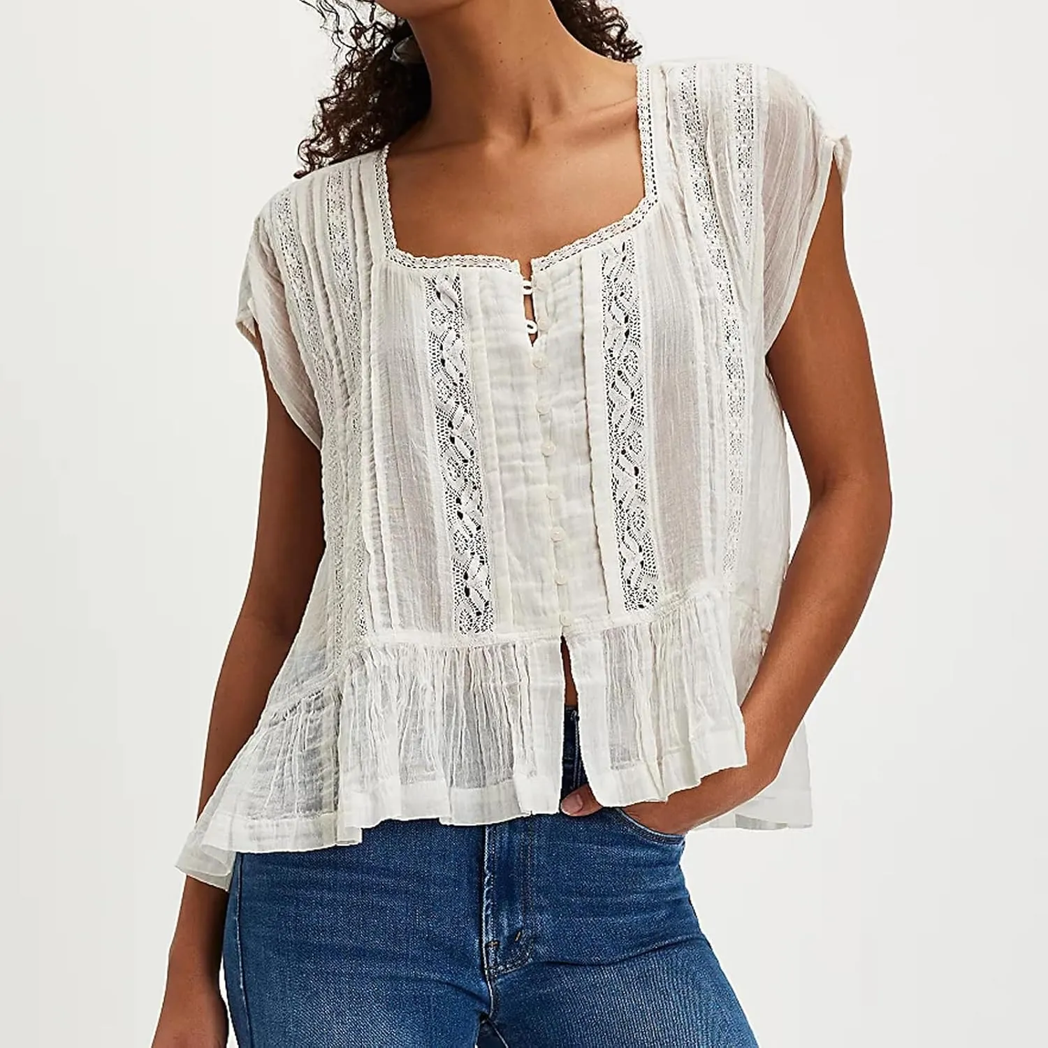Women Lace Ruffle Trim Blouse Button Down Cap Short Sleeve Peplum Tops Peasant Boho Shirt