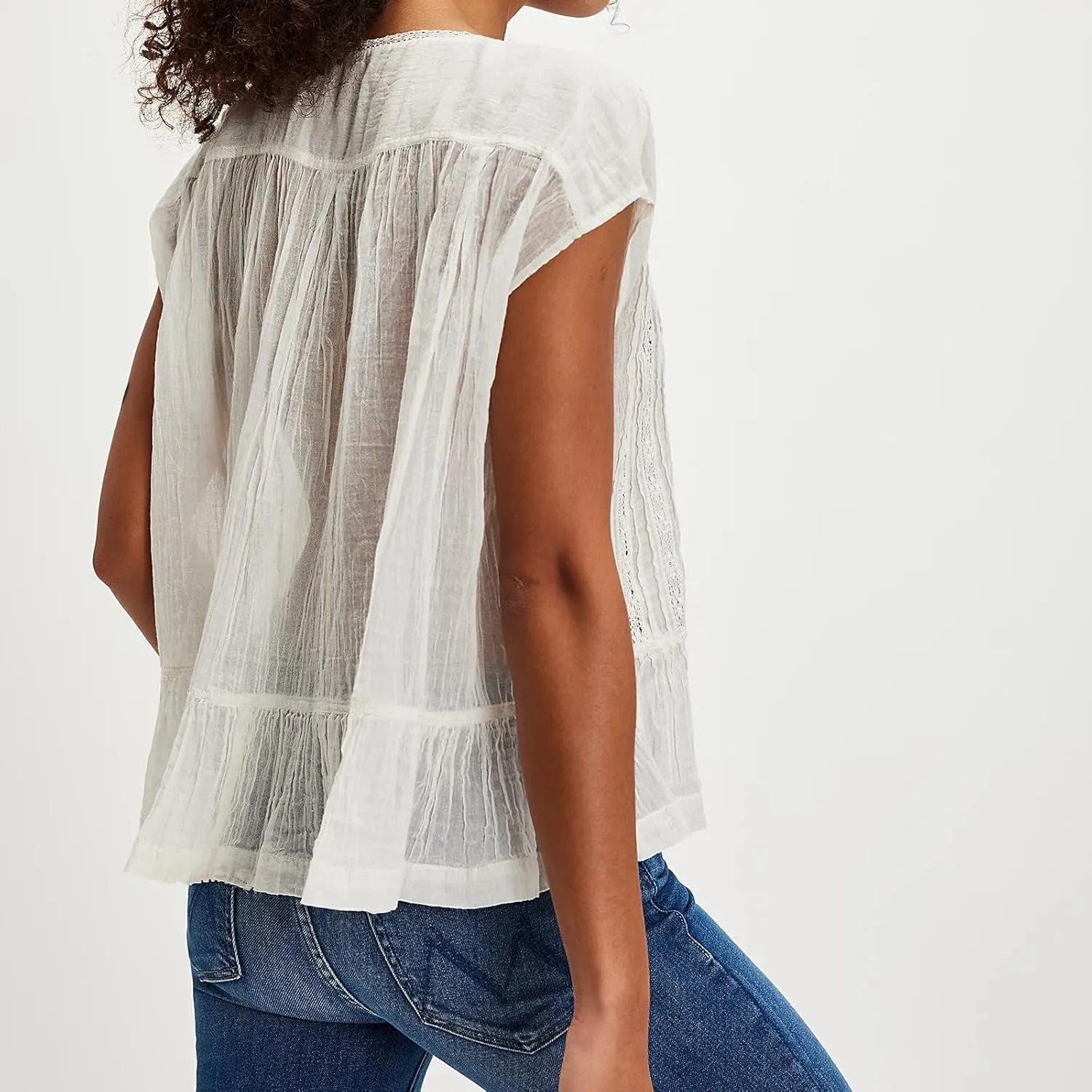 Women Lace Ruffle Trim Blouse Button Down Cap Short Sleeve Peplum Tops Peasant Boho Shirt