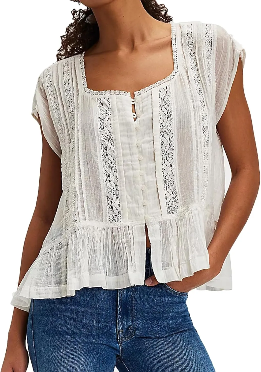 Women Lace Ruffle Trim Blouse Button Down Cap Short Sleeve Peplum Tops Peasant Boho Shirt