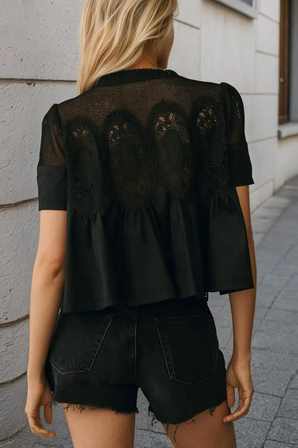 Women Lace Trim Blouse Mesh See Through Puff Short Sleeve Ruffle Pleated Shirts Mock Neck Summer Babydoll Tops