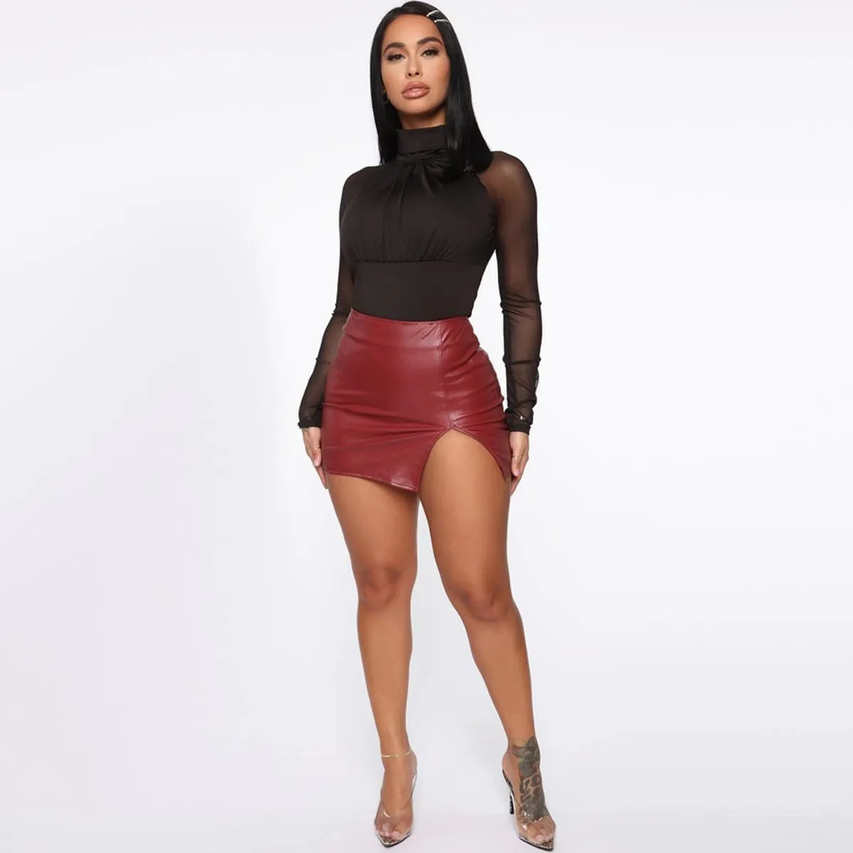 Women PU Leather Bodycon Short Skirt High Waisted Stretchy Asymmetrical Split Hem Hip Wrap Mini Skirt