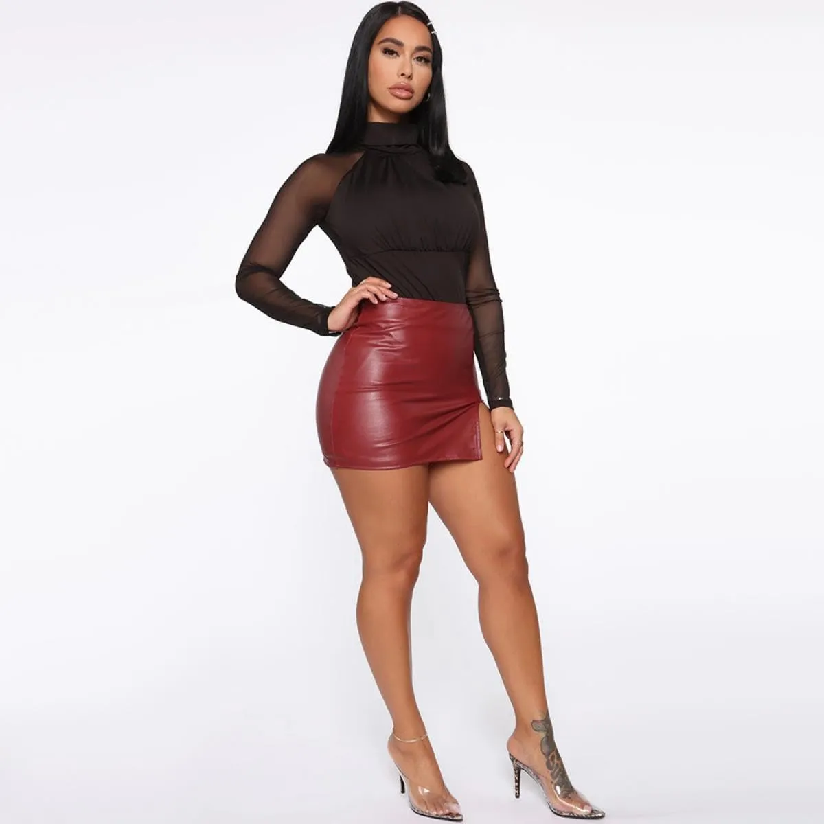 Women PU Leather Bodycon Short Skirt High Waisted Stretchy Asymmetrical Split Hem Hip Wrap Mini Skirt