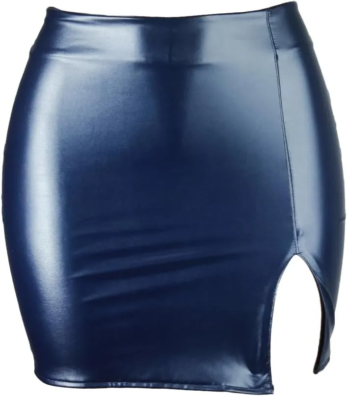 Women PU Leather Bodycon Short Skirt High Waisted Stretchy Asymmetrical Split Hem Hip Wrap Mini Skirt