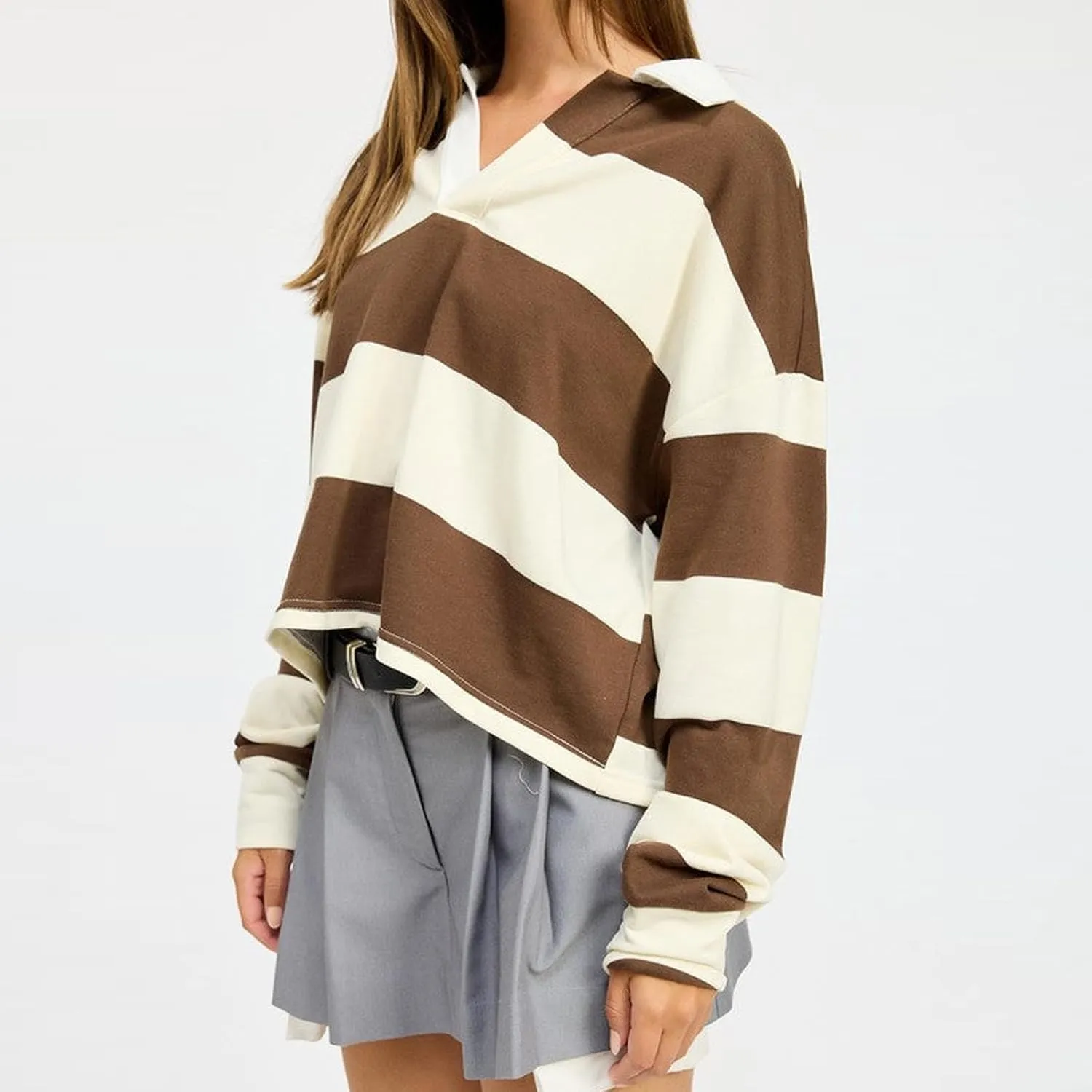 Women Rugby Polo Shirts Long Sleeve Oversized Striped Crop Tops Vintage V-Neck Pullover Tee Shirt Preppy Clothes