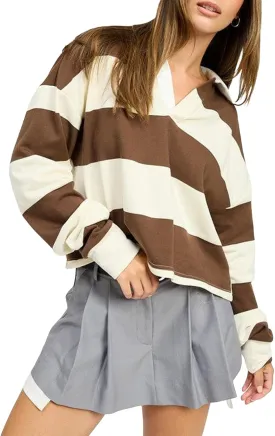 Women Rugby Polo Shirts Long Sleeve Oversized Striped Crop Tops Vintage V-Neck Pullover Tee Shirt Preppy Clothes