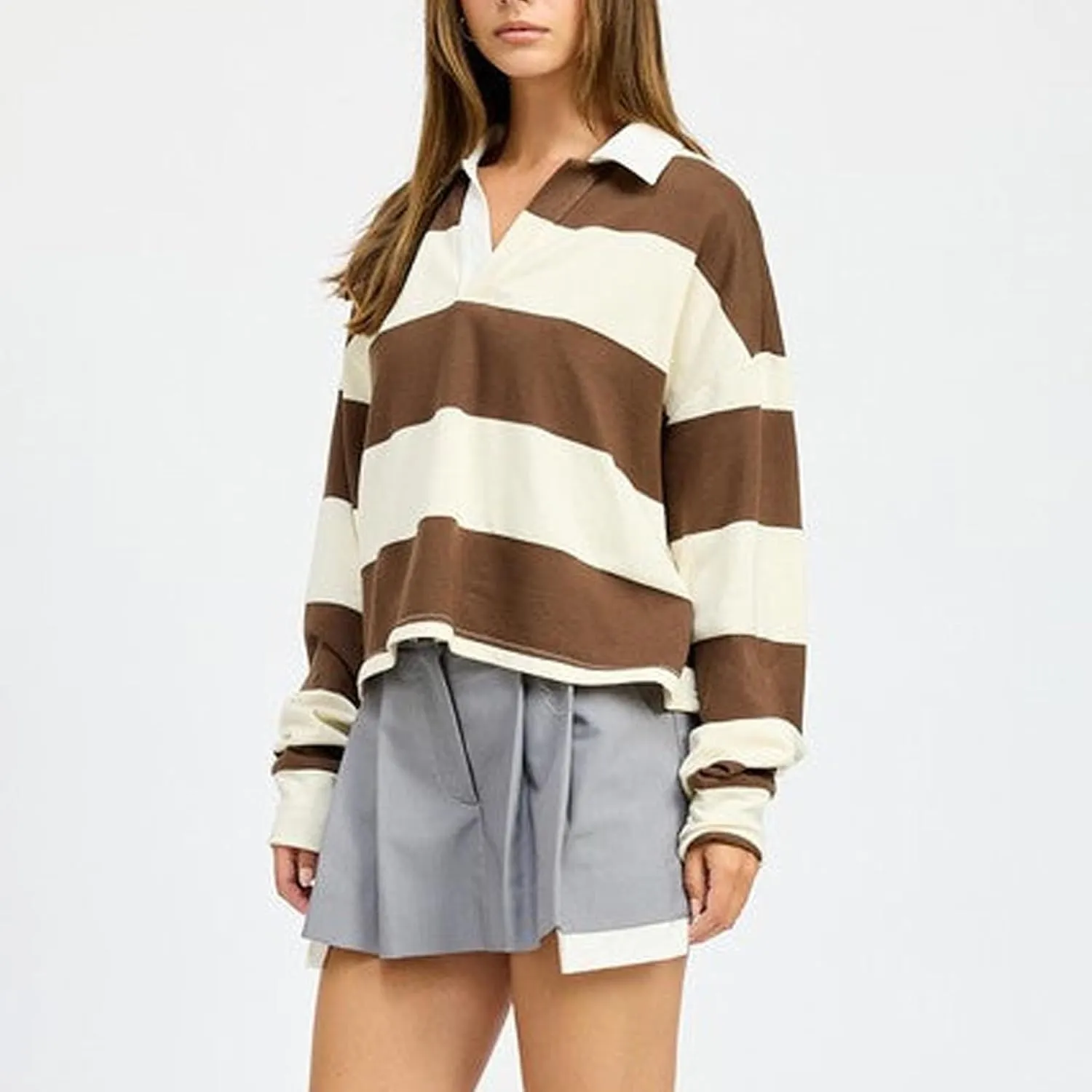 Women Rugby Polo Shirts Long Sleeve Oversized Striped Crop Tops Vintage V-Neck Pullover Tee Shirt Preppy Clothes