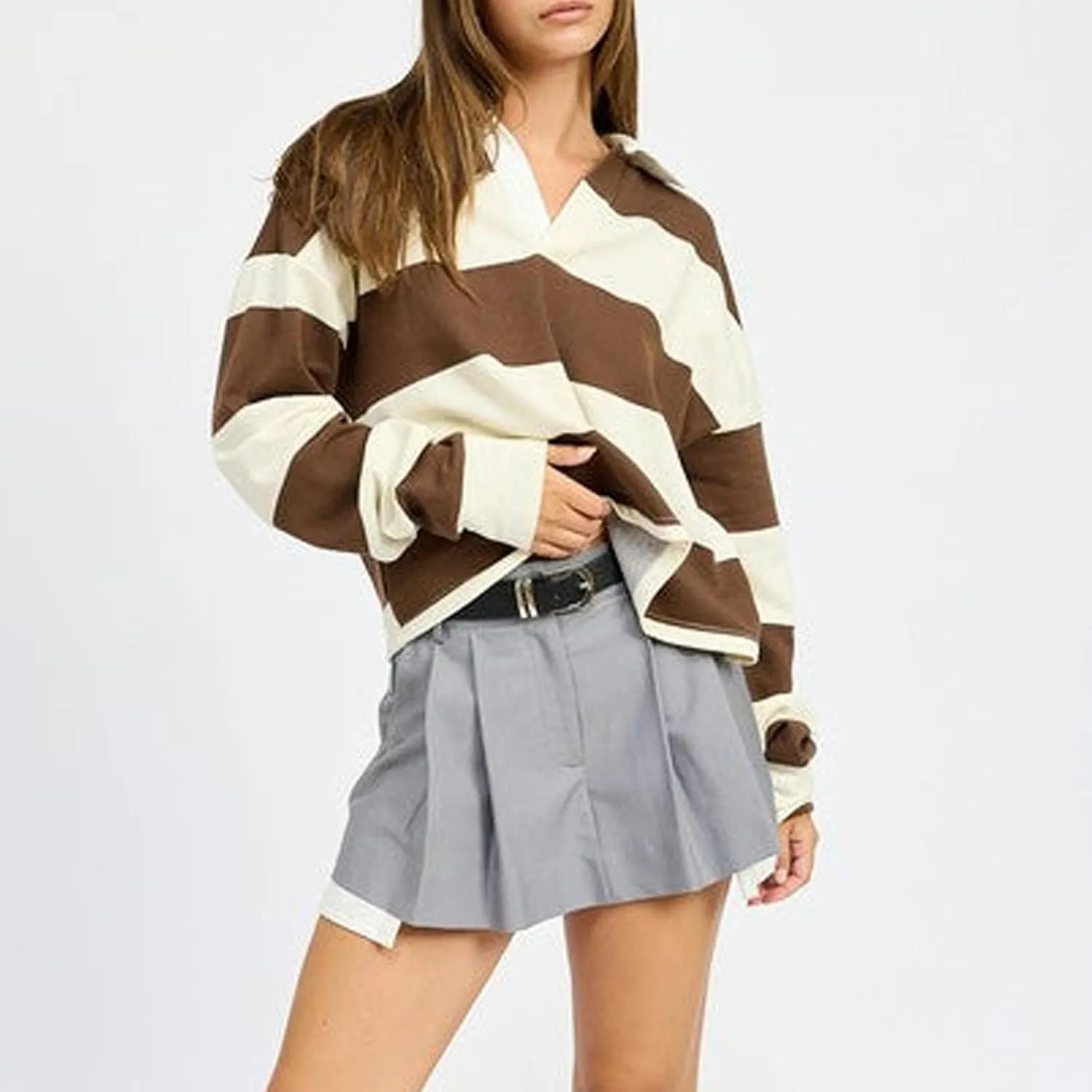 Women Rugby Polo Shirts Long Sleeve Oversized Striped Crop Tops Vintage V-Neck Pullover Tee Shirt Preppy Clothes