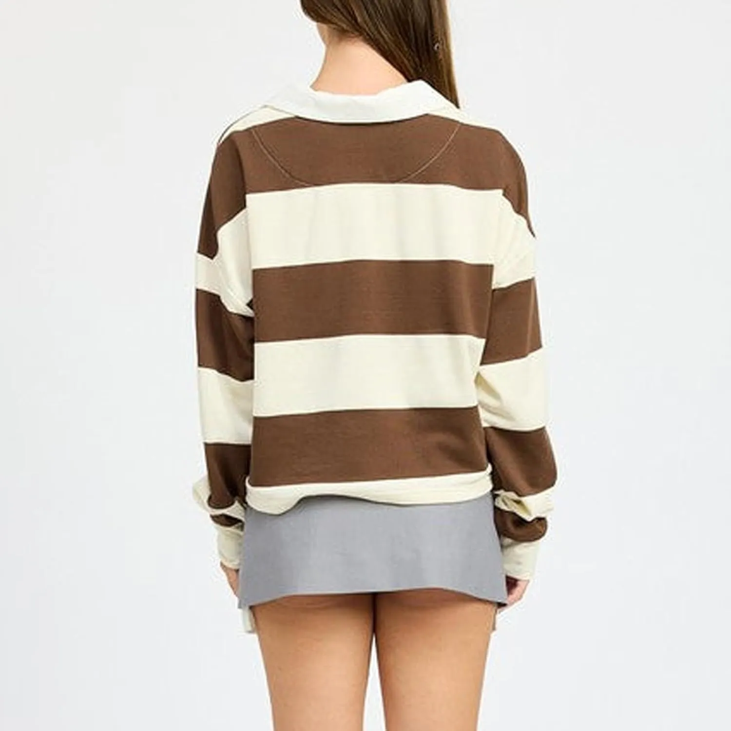 Women Rugby Polo Shirts Long Sleeve Oversized Striped Crop Tops Vintage V-Neck Pullover Tee Shirt Preppy Clothes