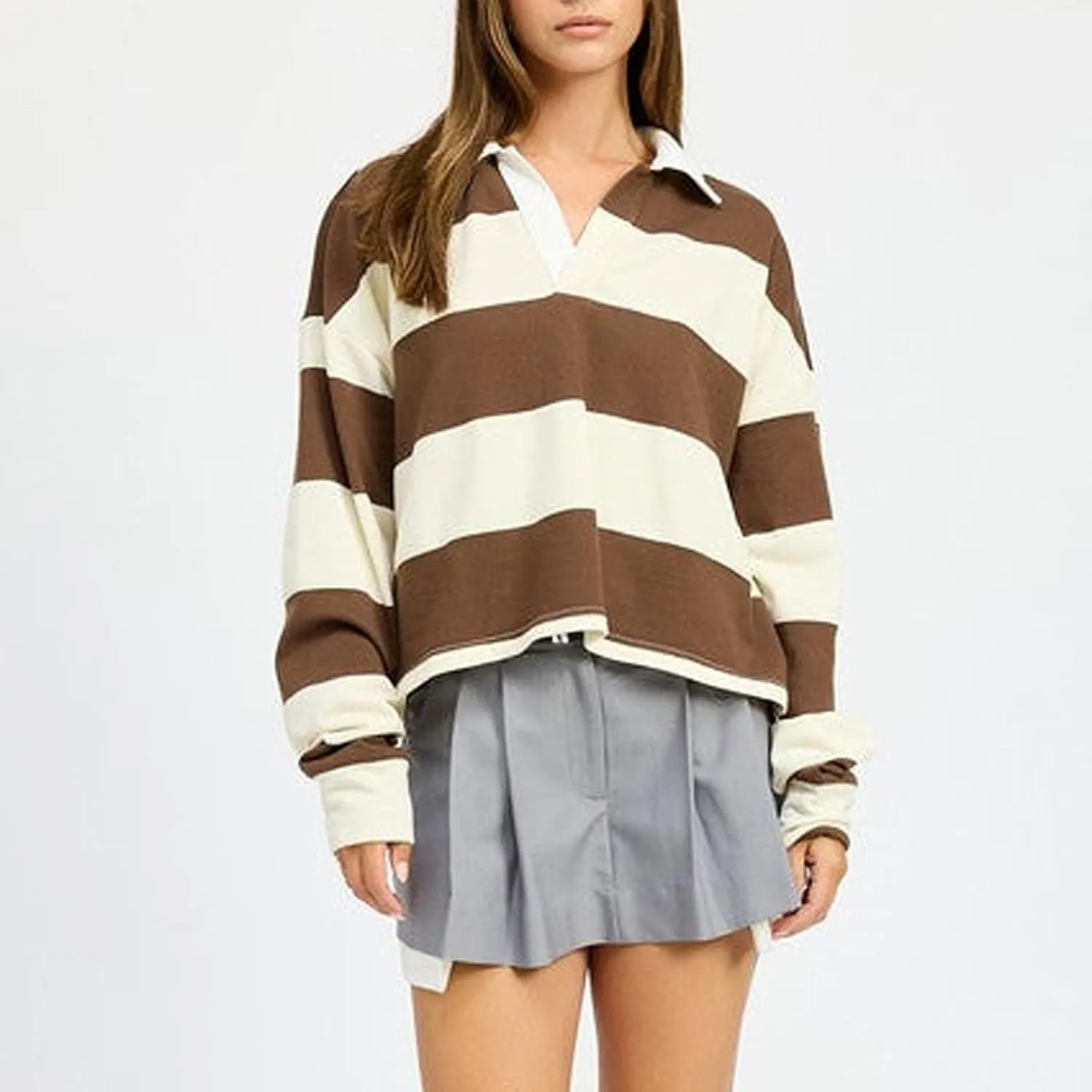 Women Rugby Polo Shirts Long Sleeve Oversized Striped Crop Tops Vintage V-Neck Pullover Tee Shirt Preppy Clothes