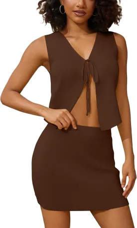 Women Sexy Knit Two Pieces Mini Skirts Set Sleeeveless V Neck Self Tie Slit Front Crop Vest Top Short Skirts Sets