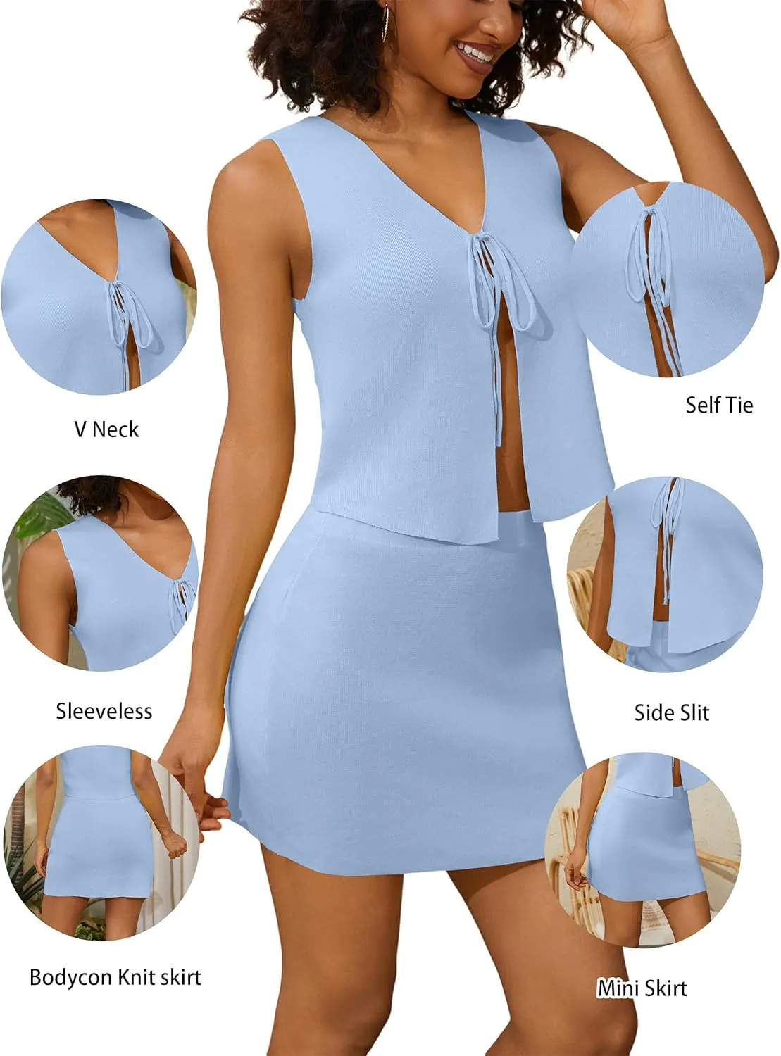 Women Sexy Knit Two Pieces Mini Skirts Set Sleeeveless V Neck Self Tie Slit Front Crop Vest Top Short Skirts Sets
