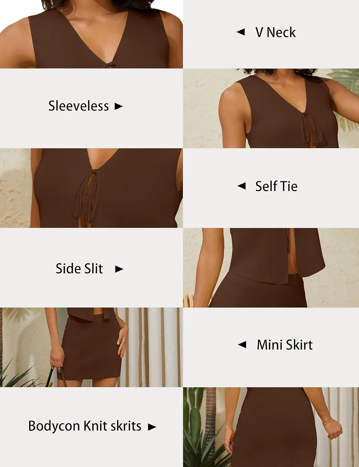Women Sexy Knit Two Pieces Mini Skirts Set Sleeeveless V Neck Self Tie Slit Front Crop Vest Top Short Skirts Sets