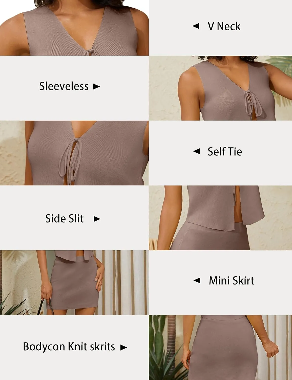 Women Sexy Knit Two Pieces Mini Skirts Set Sleeeveless V Neck Self Tie Slit Front Crop Vest Top Short Skirts Sets