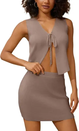 Women Sexy Knit Two Pieces Mini Skirts Set Sleeeveless V Neck Self Tie Slit Front Crop Vest Top Short Skirts Sets