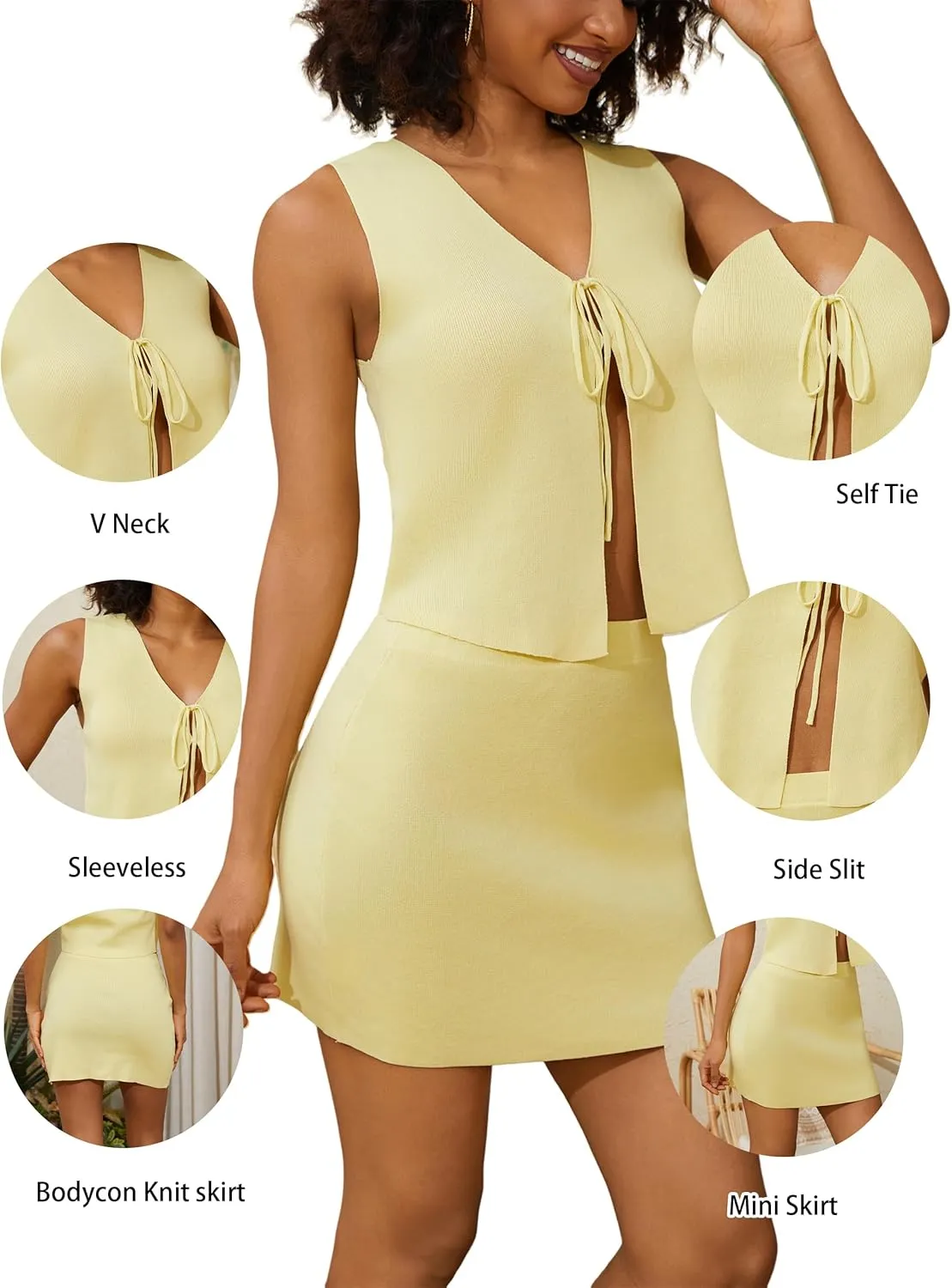 Women Sexy Knit Two Pieces Mini Skirts Set Sleeeveless V Neck Self Tie Slit Front Crop Vest Top Short Skirts Sets