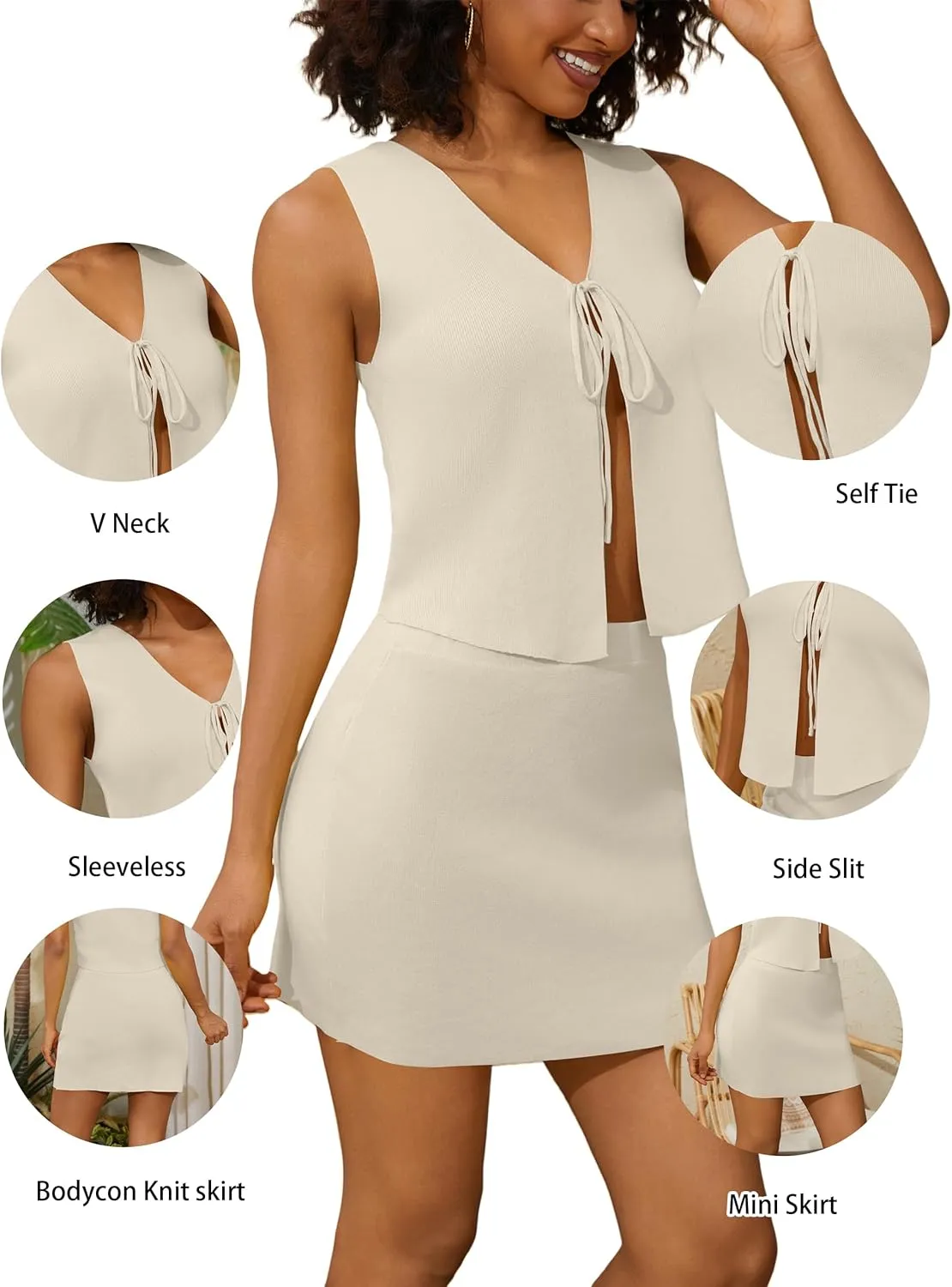 Women Sexy Knit Two Pieces Mini Skirts Set Sleeeveless V Neck Self Tie Slit Front Crop Vest Top Short Skirts Sets