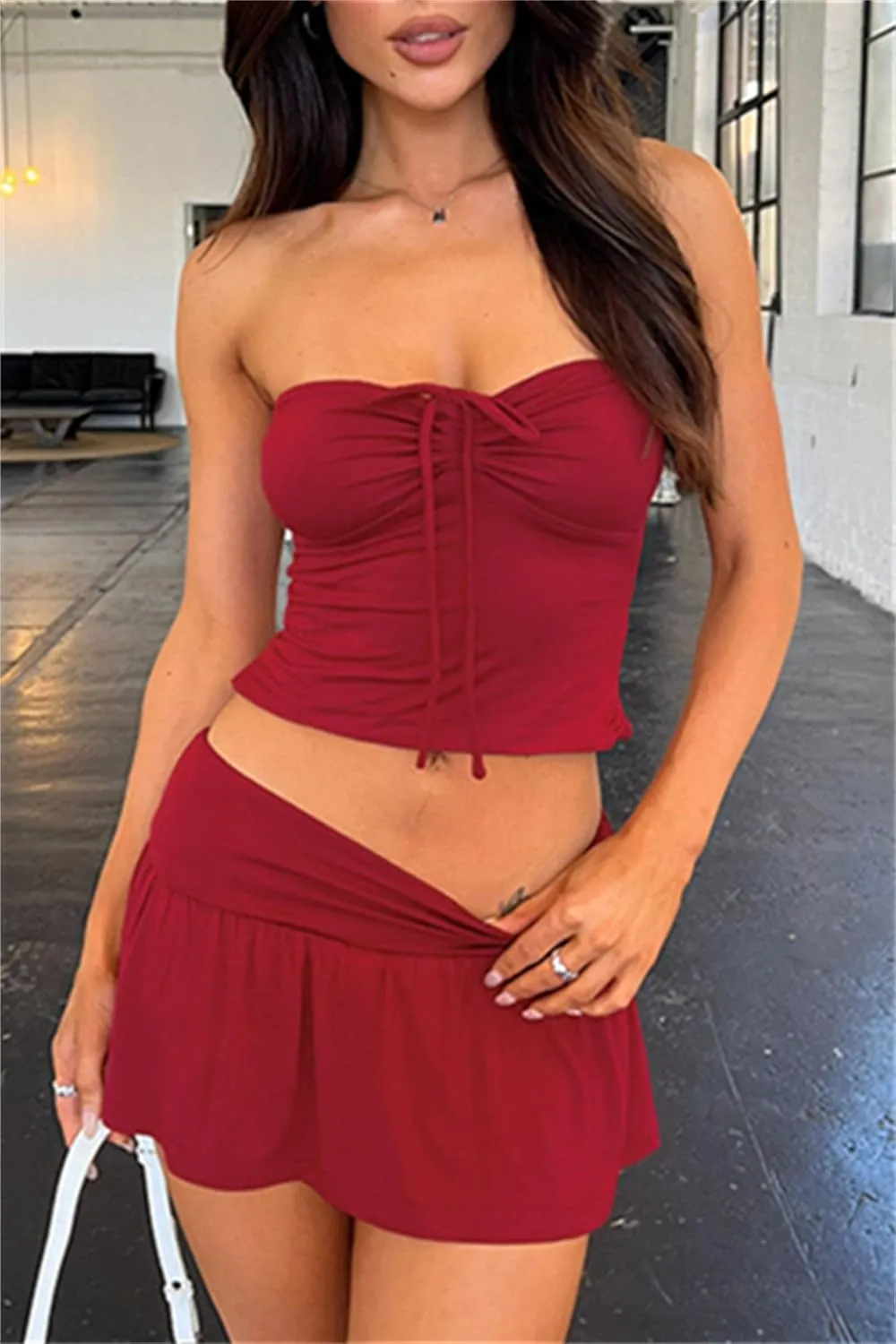 Women Sexy Summer 2 Piece Sets Drawstring Ruched Crop Tube Top Low Rise Ruffle Mini Skirts Sets Y2k Outfits