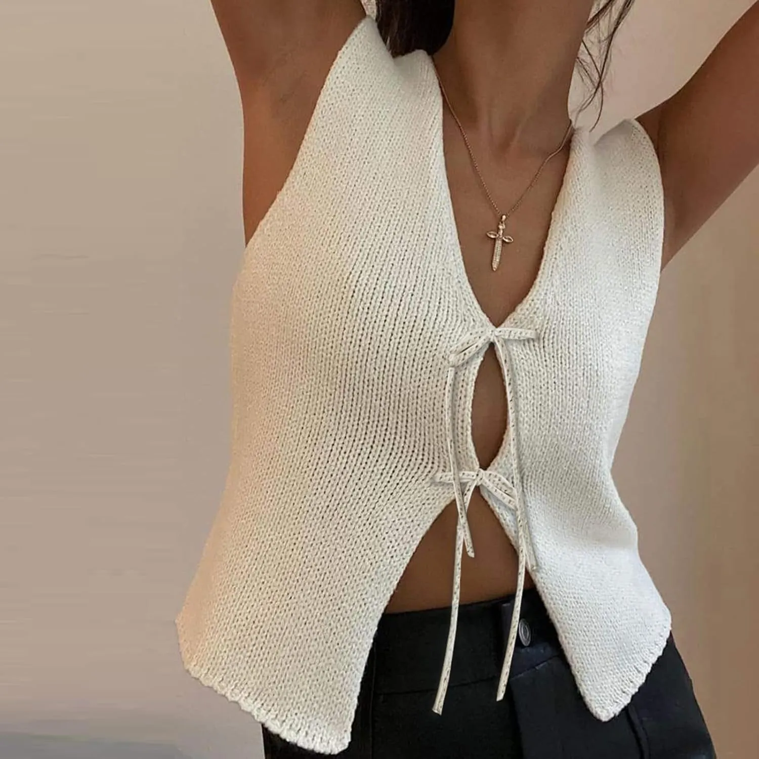 Women Sleeveless Knit Vest Top V Neck Open Front Tie Up Crochet Crop Top Casual Vintage Y2k Sweater
