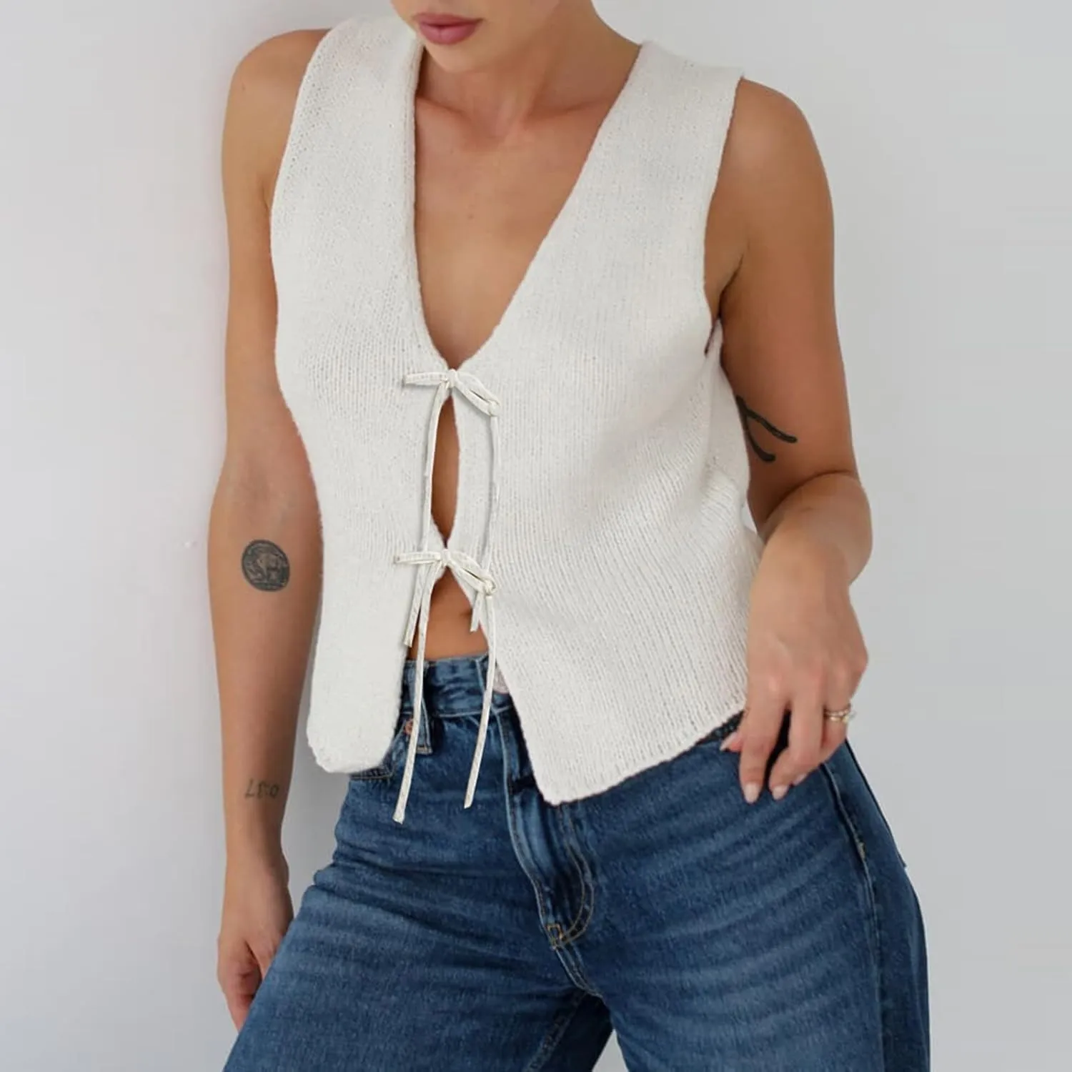Women Sleeveless Knit Vest Top V Neck Open Front Tie Up Crochet Crop Top Casual Vintage Y2k Sweater