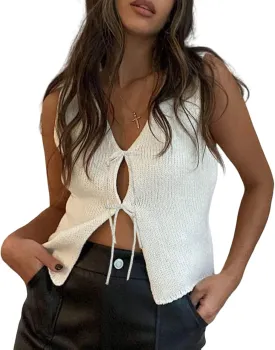 Women Sleeveless Knit Vest Top V Neck Open Front Tie Up Crochet Crop Top Casual Vintage Y2k Sweater