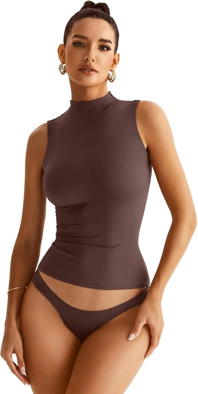 Women Sleeveless Mock Turtle Neck Tops Double Lined Fitted Tank Tops Basic T Shirts 2025