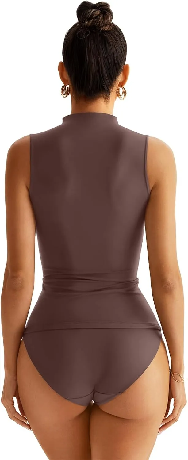 Women Sleeveless Mock Turtle Neck Tops Double Lined Fitted Tank Tops Basic T Shirts 2025