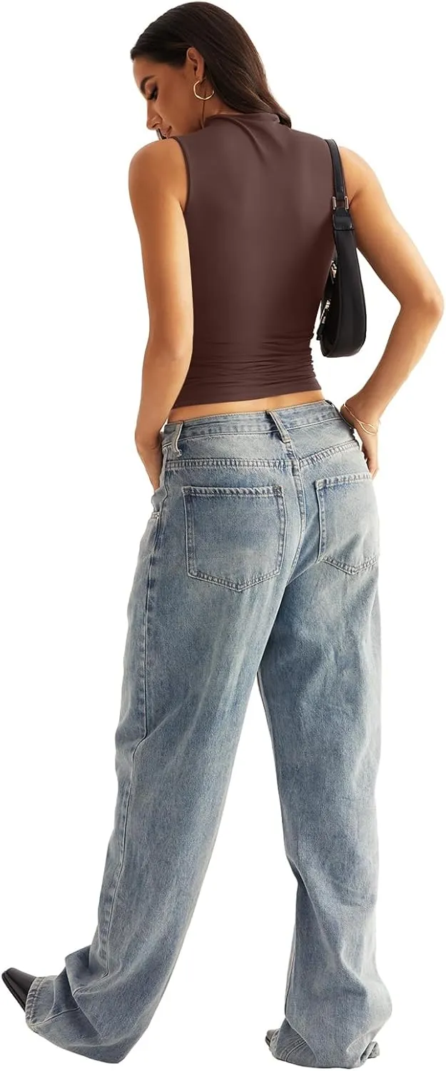 Women Sleeveless Mock Turtle Neck Tops Double Lined Fitted Tank Tops Basic T Shirts 2025