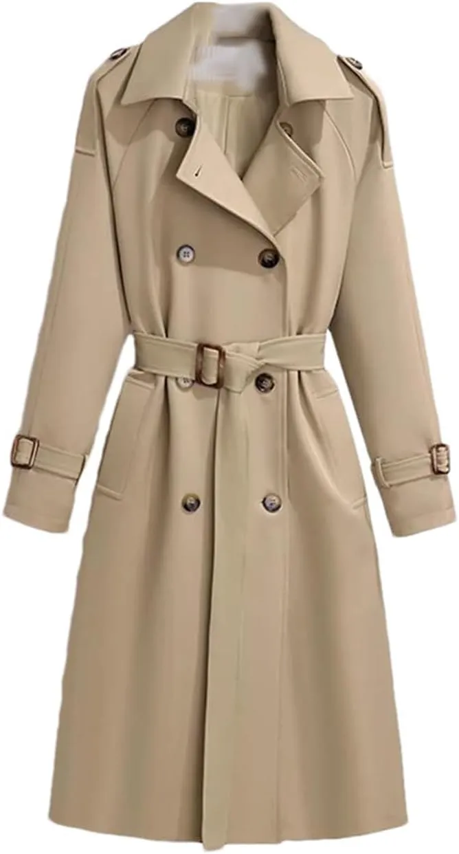 Women Streetwear Double Breasted Long Trench Coats Fall Winter Solid Pockets Casual Jackets