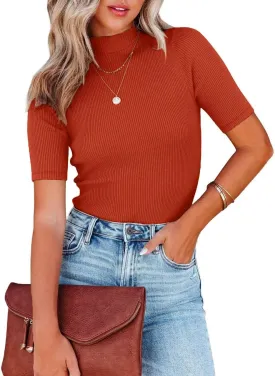 Women Tops Dressy Casual Mock Turtleneck Short Sleeve Ribbed Business Work Shirts Blouses