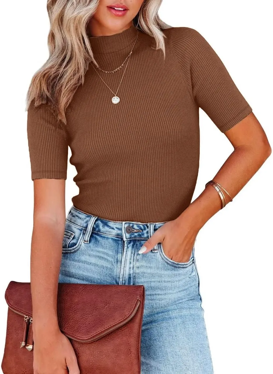 Women Tops Dressy Casual Mock Turtleneck Short Sleeve Ribbed Business Work Shirts Blouses