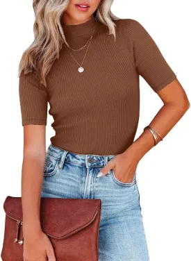 Women Tops Dressy Casual Mock Turtleneck Short Sleeve Ribbed Business Work Shirts Blouses