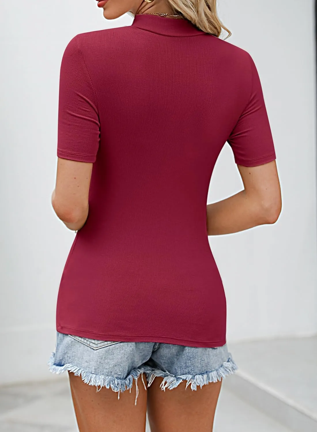 Women Tops Dressy Casual Mock Turtleneck Short Sleeve Ribbed Business Work Shirts Blouses