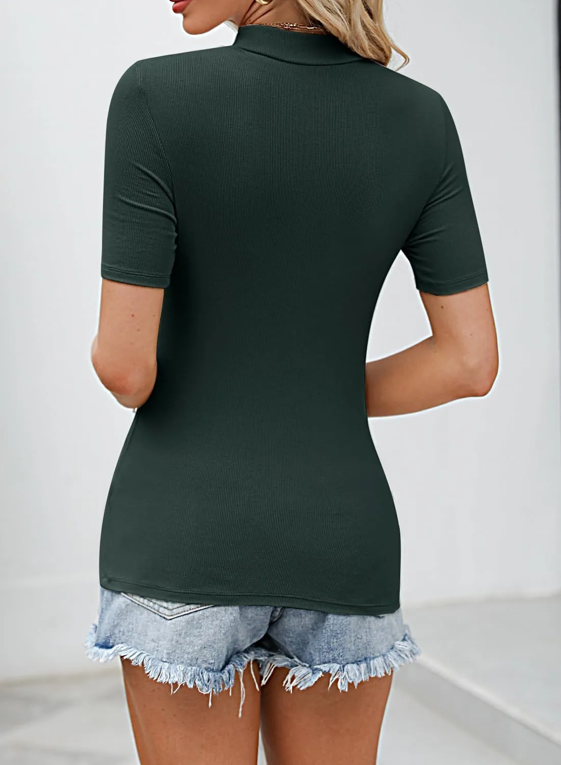 Women Tops Dressy Casual Mock Turtleneck Short Sleeve Ribbed Business Work Shirts Blouses