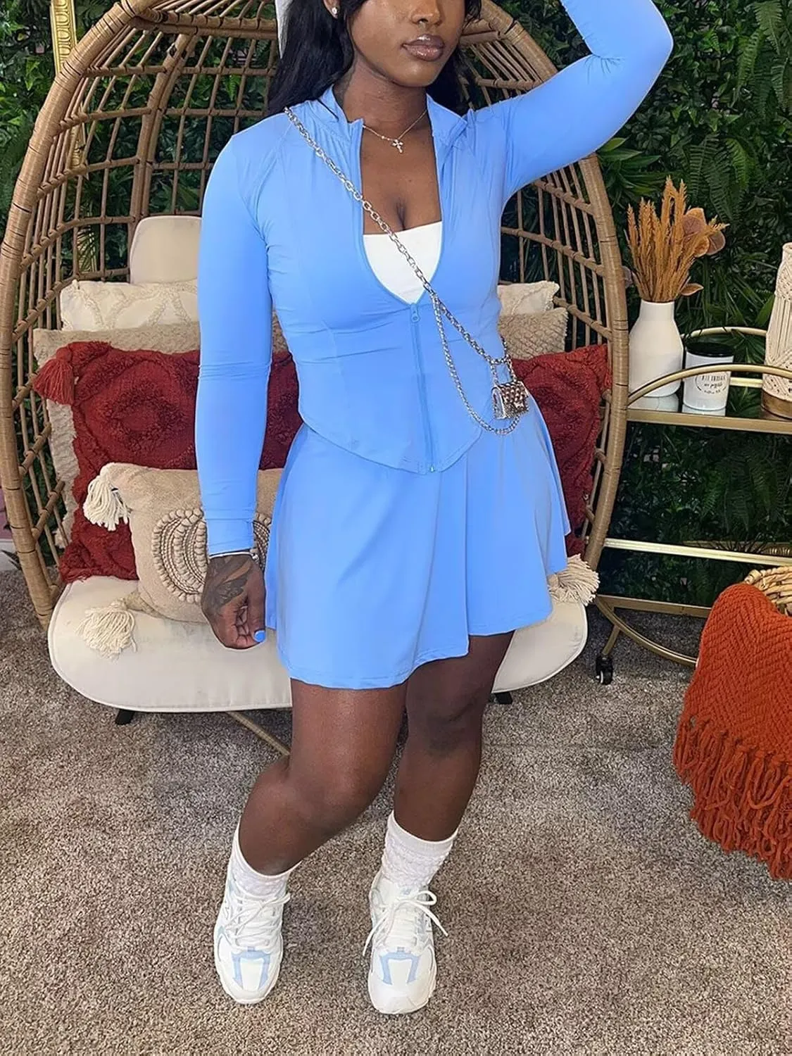 Women Two Piece Skirt Set Zip Up Crop Tops Mini Skirts Casual Dress Matching Set