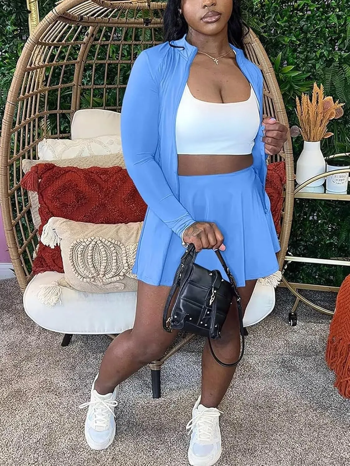 Women Two Piece Skirt Set Zip Up Crop Tops Mini Skirts Casual Dress Matching Set