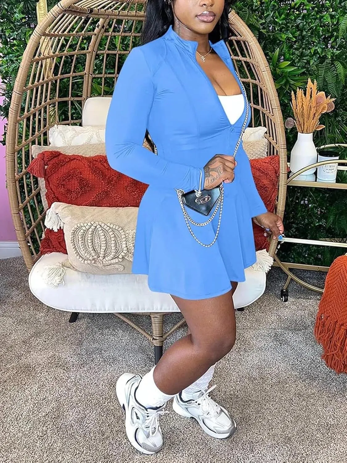 Women Two Piece Skirt Set Zip Up Crop Tops Mini Skirts Casual Dress Matching Set