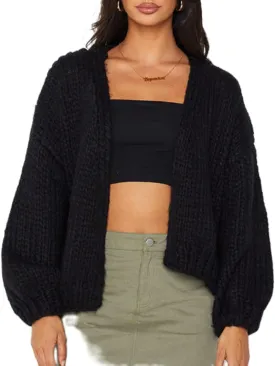 Women Y2k Cable Knit Chunky Cardigan Open Front Long Balloon Sleeve Sweater Oversized Jumper Aesthetic Knitwear