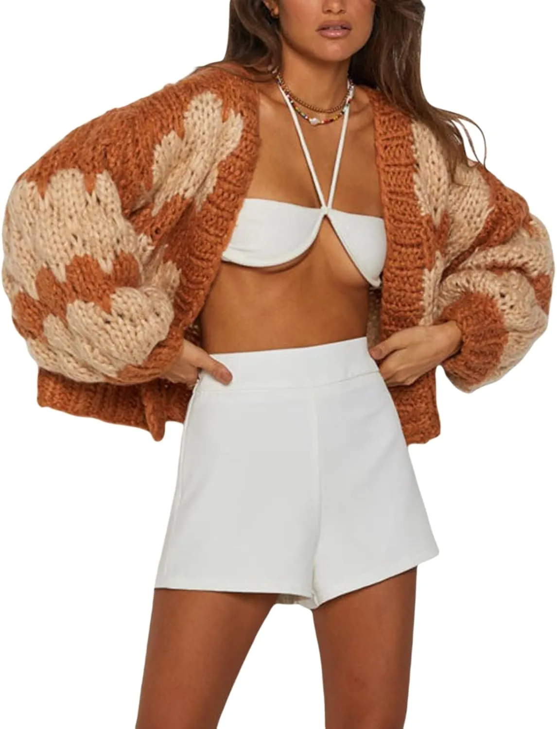 Women Y2k Cable Knit Chunky Cardigan Open Front Long Balloon Sleeve Sweater Oversized Jumper Aesthetic Knitwear