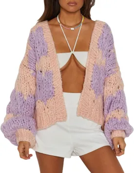 Women Y2k Cable Knit Chunky Cardigan Open Front Long Balloon Sleeve Sweater Oversized Jumper Aesthetic Knitwear