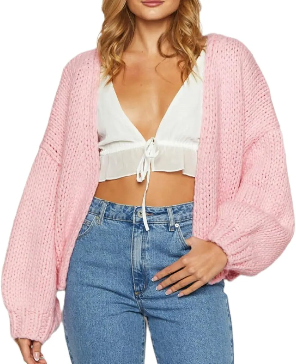 Women Y2k Cable Knit Chunky Cardigan Open Front Long Balloon Sleeve Sweater Oversized Jumper Aesthetic Knitwear