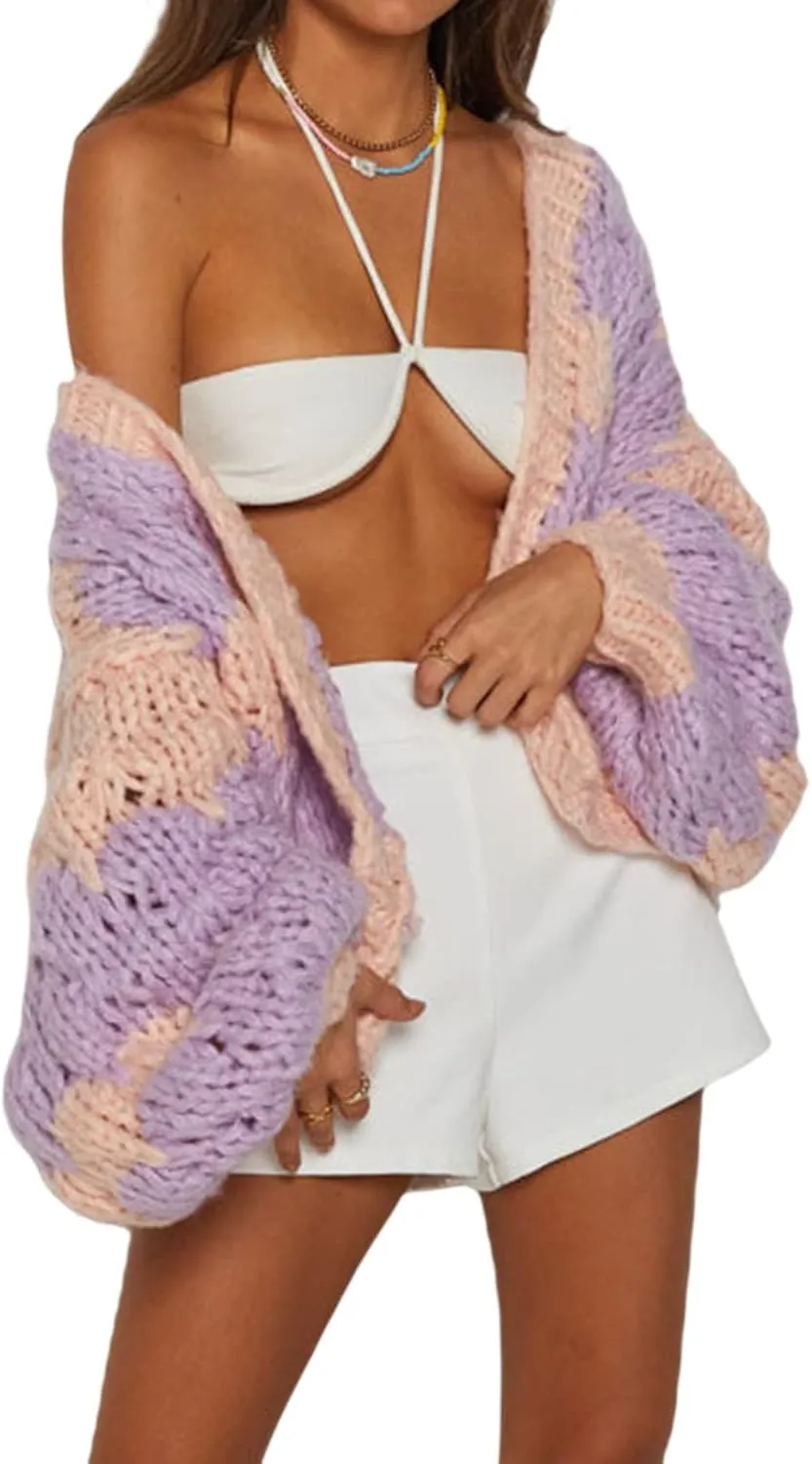 Women Y2k Cable Knit Chunky Cardigan Open Front Long Balloon Sleeve Sweater Oversized Jumper Aesthetic Knitwear