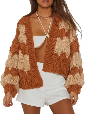 Women Y2k Cable Knit Chunky Cardigan Open Front Long Balloon Sleeve Sweater Oversized Jumper Aesthetic Knitwear