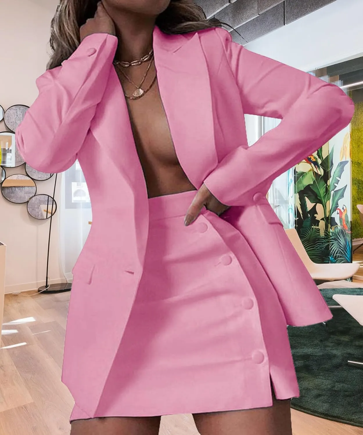 Women's 2 Piece Blazer and Skirt Suits, Open Front Blazer Jackets   Side Slit Mini Skirts
