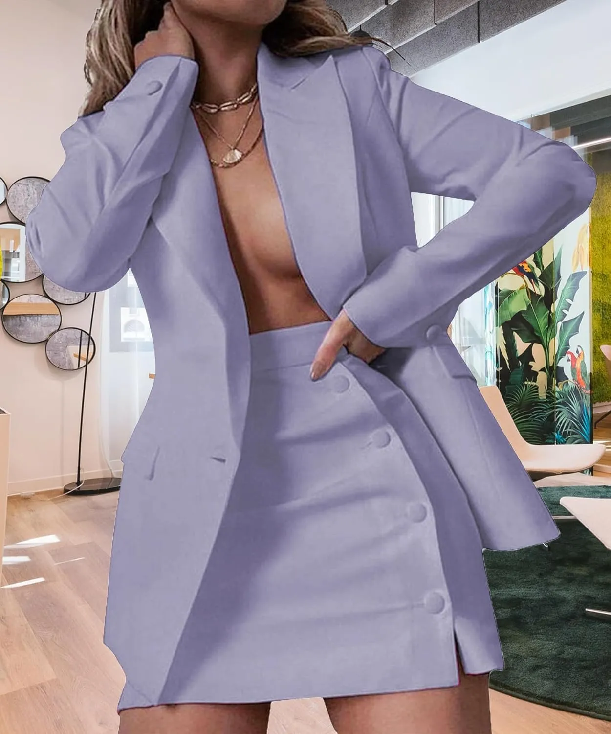 Women's 2 Piece Blazer and Skirt Suits, Open Front Blazer Jackets   Side Slit Mini Skirts