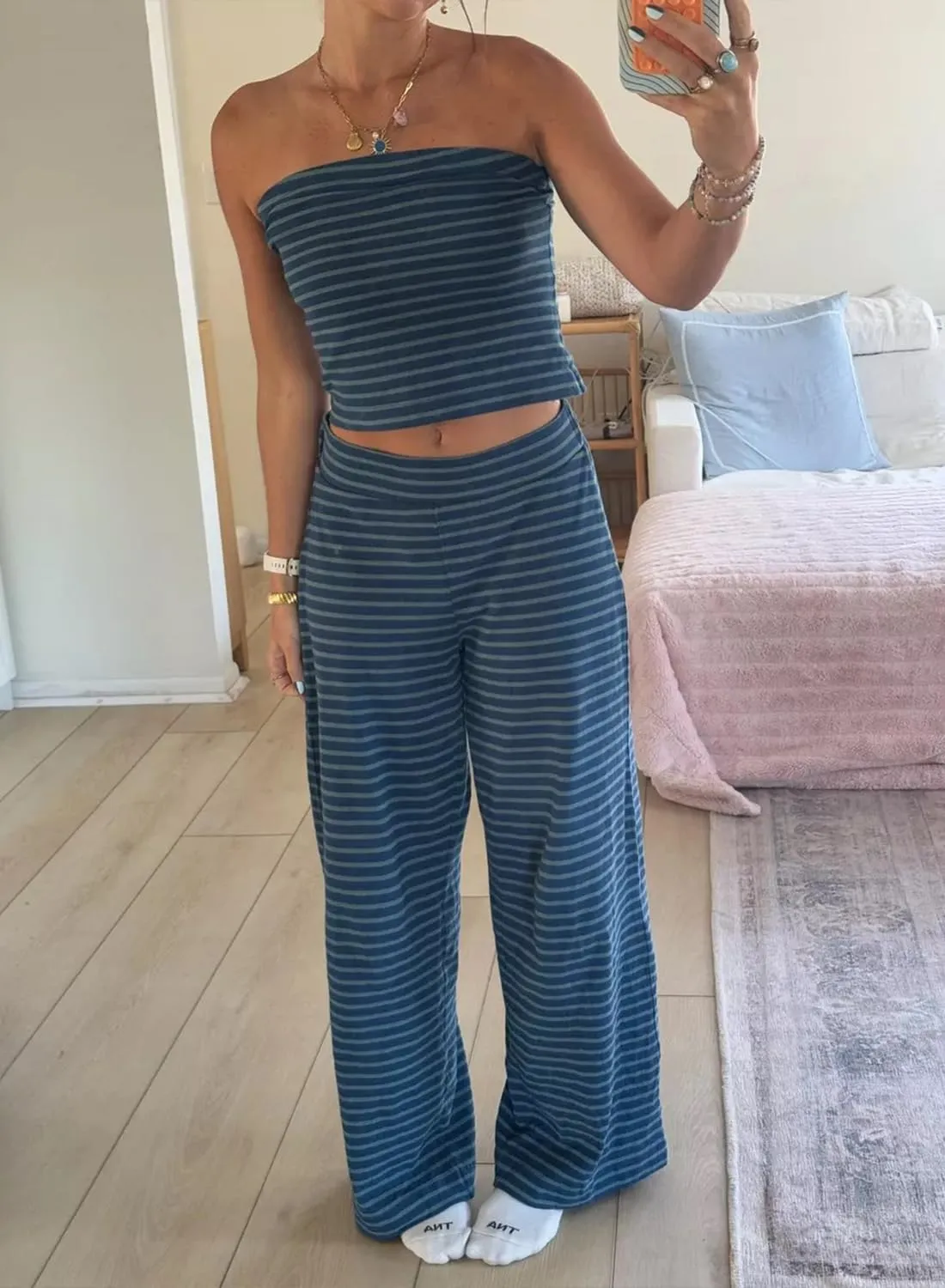 Women's 2 Piece Outfits Casual Striped Strapless Tube Tops and Wide Leg Pants Lounge Sets