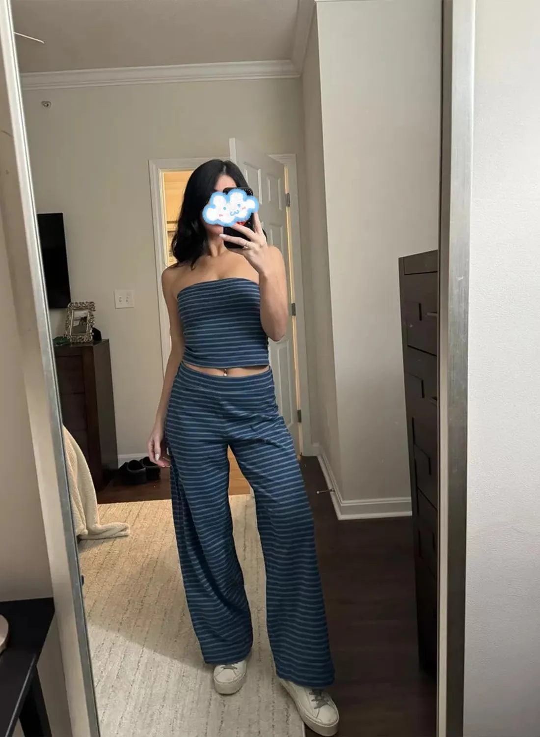 Women's 2 Piece Outfits Casual Striped Strapless Tube Tops and Wide Leg Pants Lounge Sets
