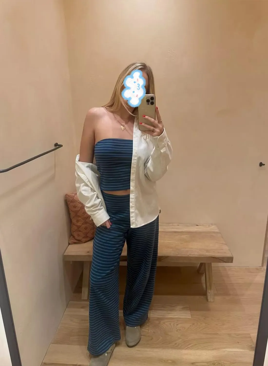 Women's 2 Piece Outfits Casual Striped Strapless Tube Tops and Wide Leg Pants Lounge Sets